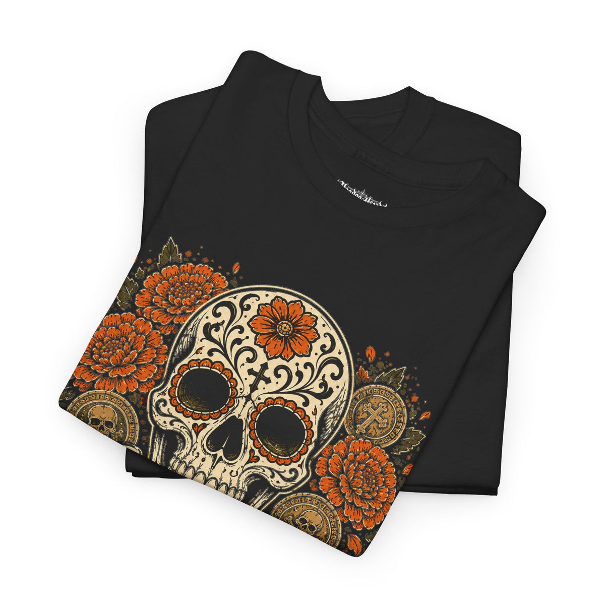 Sugar Skull & Marigolds Tee | Hoodoo Headz® Día de los Muertos Heavy Cotton T-Shirt