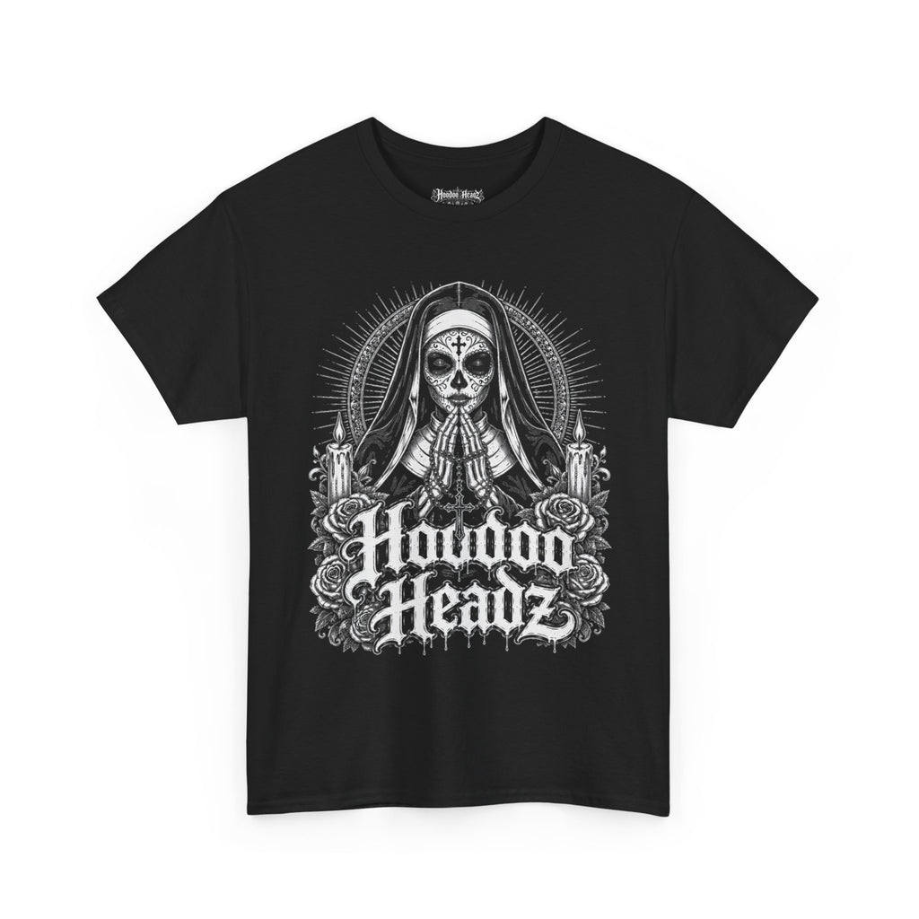 Sacred Sugar Skull Nun Tee | Hoodoo Headz® Prayer & Roses Heavy Cotton T-Shirt