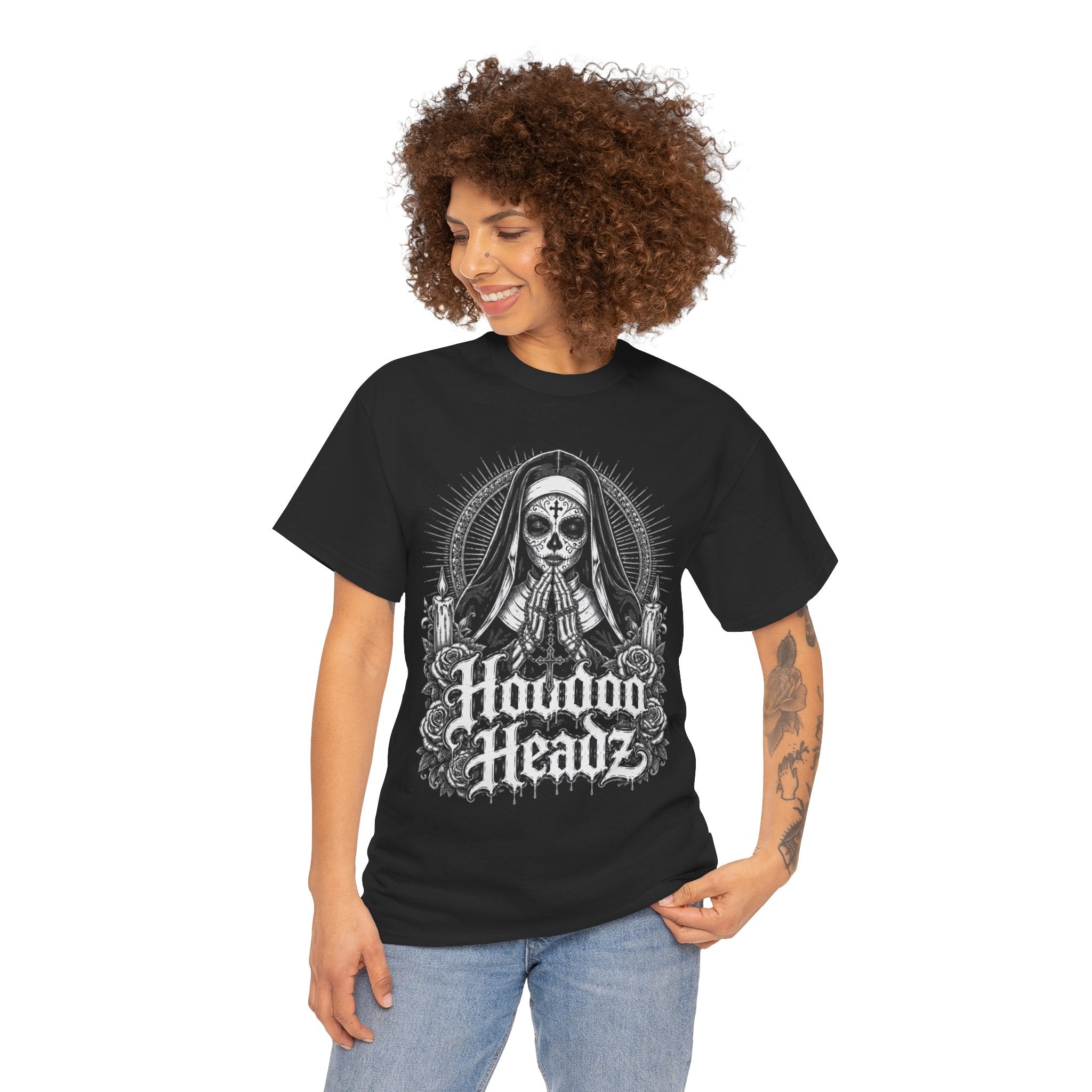 Sacred Sugar Skull Nun Tee | Hoodoo Headz® Prayer & Roses Heavy Cotton T-Shirt