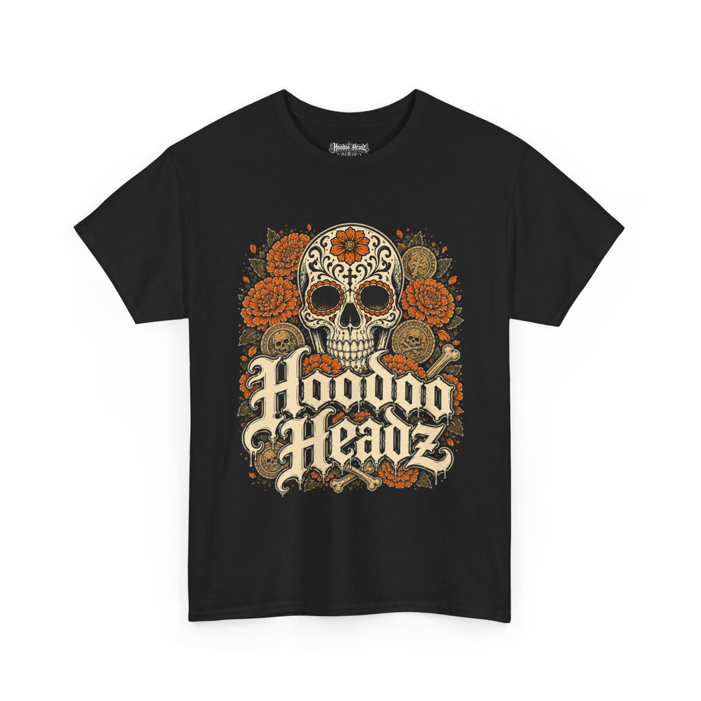 Sugar Skull & Marigolds Tee | Hoodoo Headz® Día de los Muertos Heavy Cotton T-Shirt