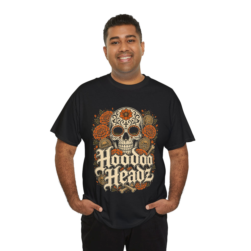 Sugar Skull & Marigolds Tee | Hoodoo Headz® Día de los Muertos Heavy Cotton T-Shirt