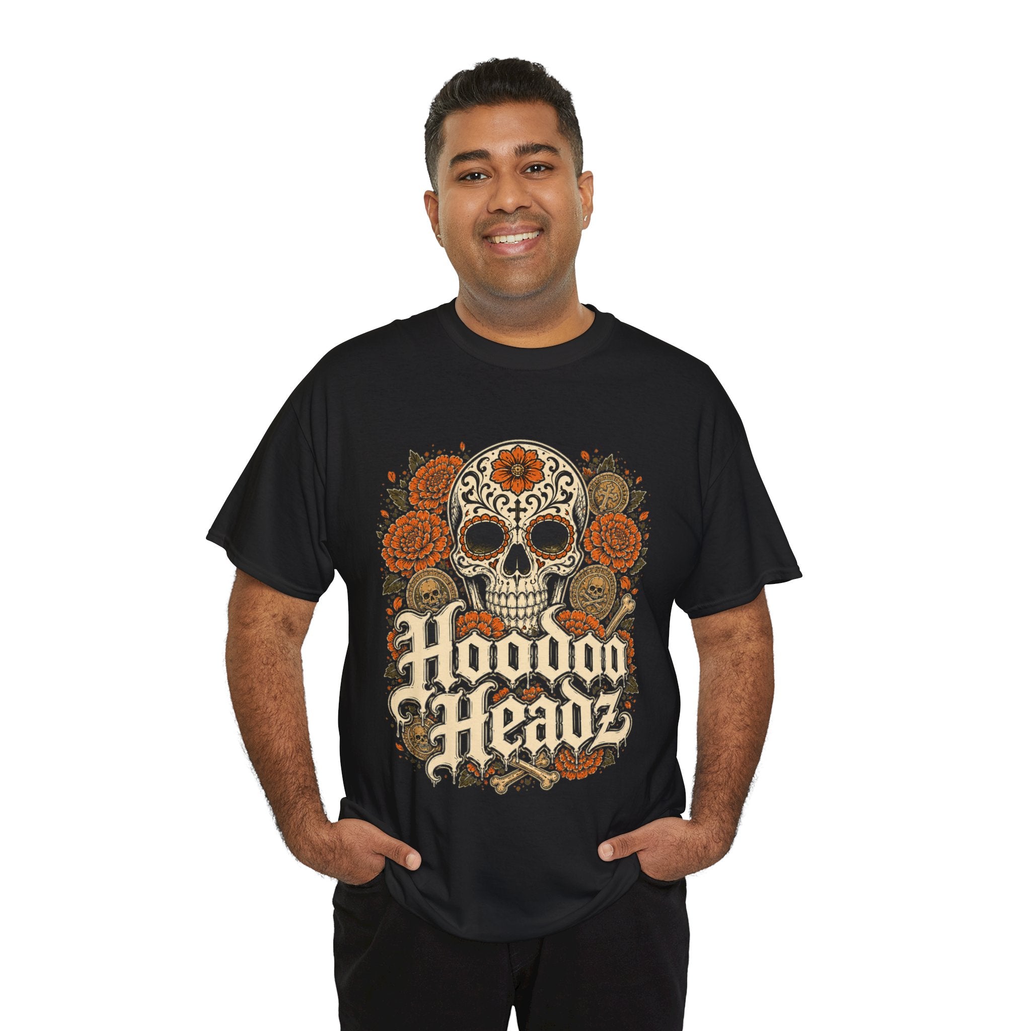 Sugar Skull & Marigolds Tee | Hoodoo Headz® Día de los Muertos Heavy Cotton T-Shirt