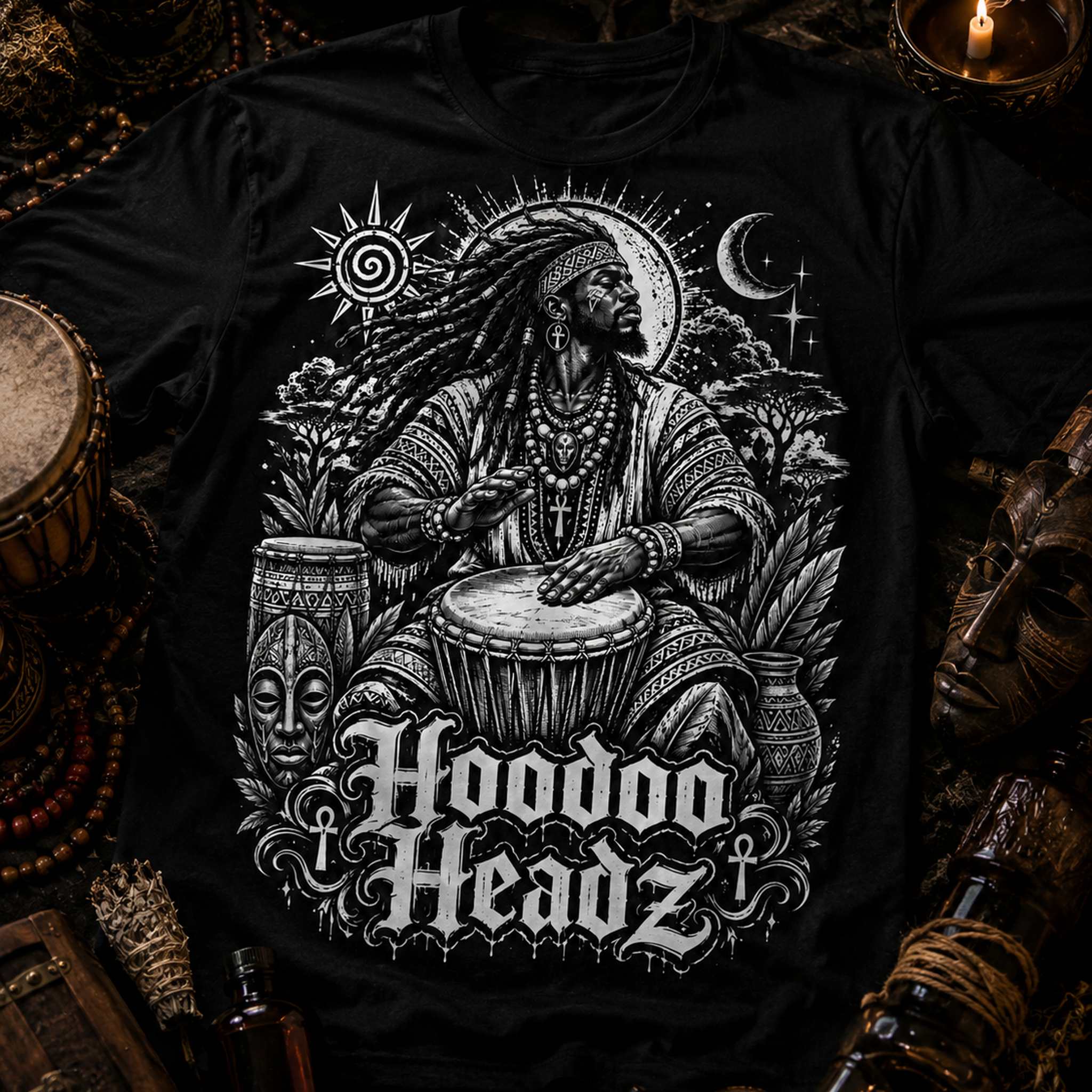 Ancestral Rhythm Tee | Hoodoo Headz® African Drum Spiritual Heavy Cotton T-Shirt