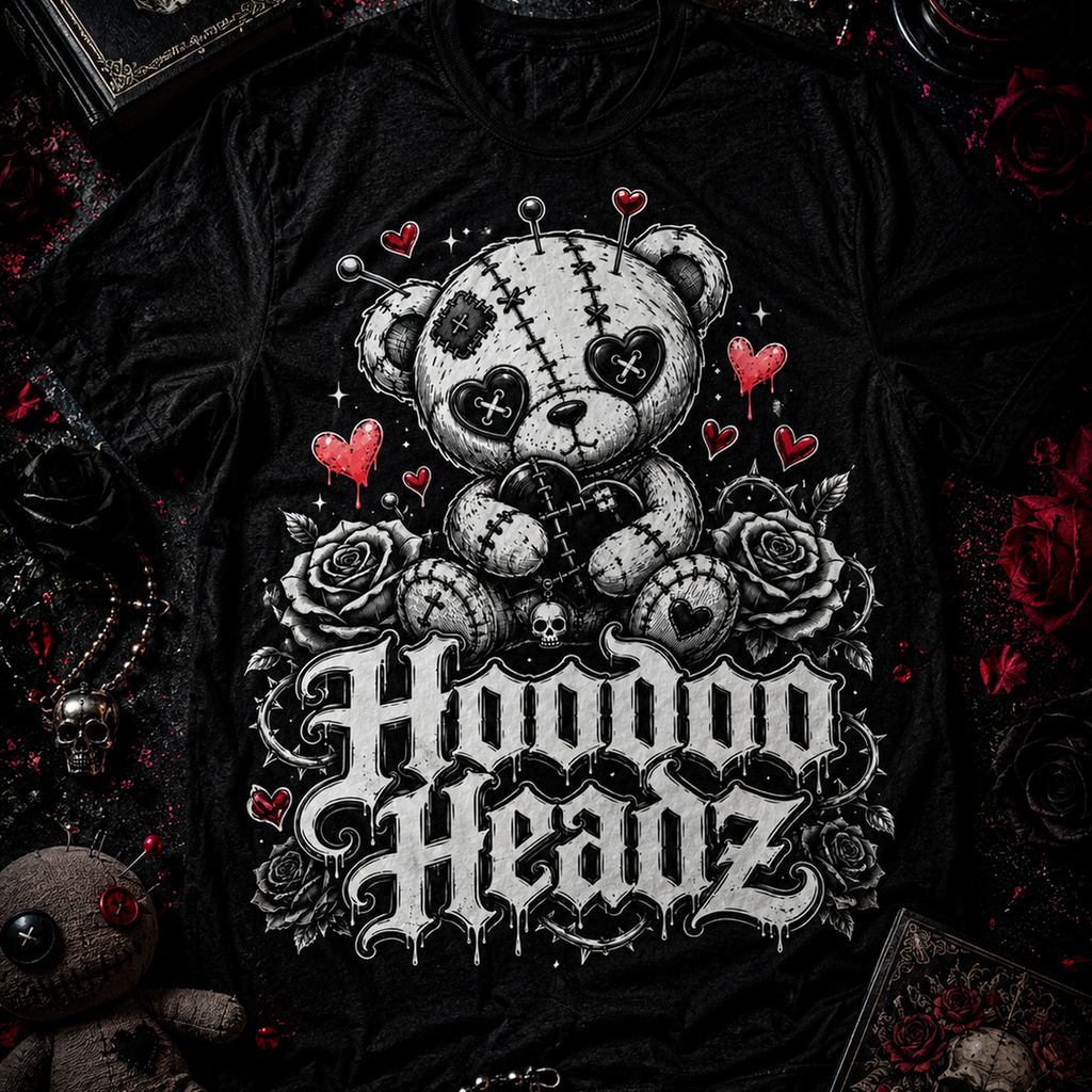 Voodoo Teddy Bear Tee | Hoodoo Headz® Stitched Heart Heavy Cotton T-Shirt