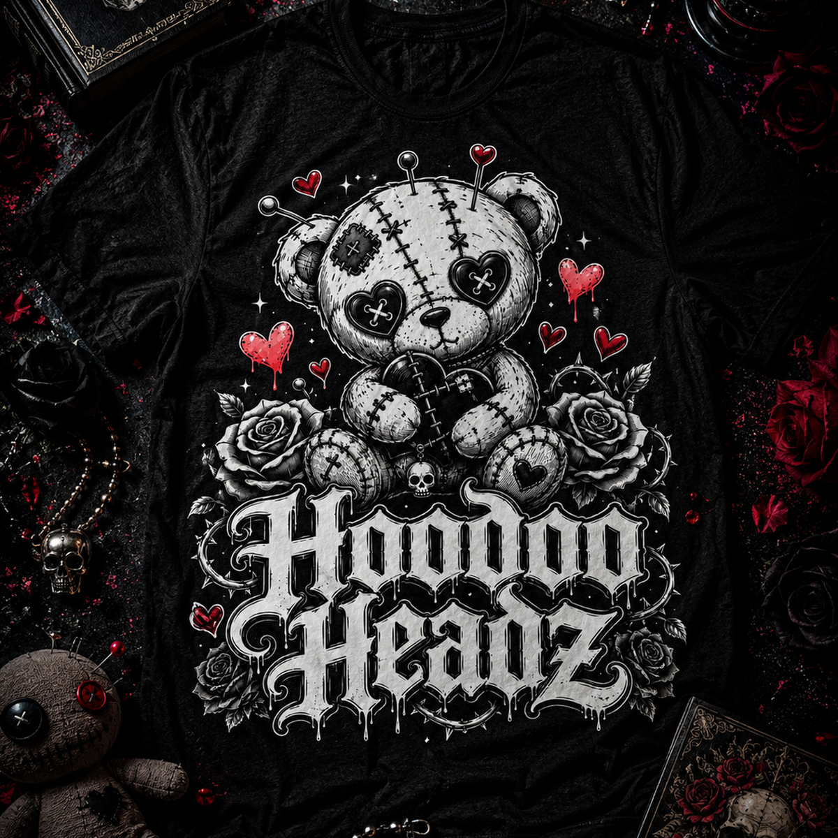 Voodoo Teddy Bear Tee | Hoodoo Headz® Stitched Heart Heavy Cotton T-Shirt