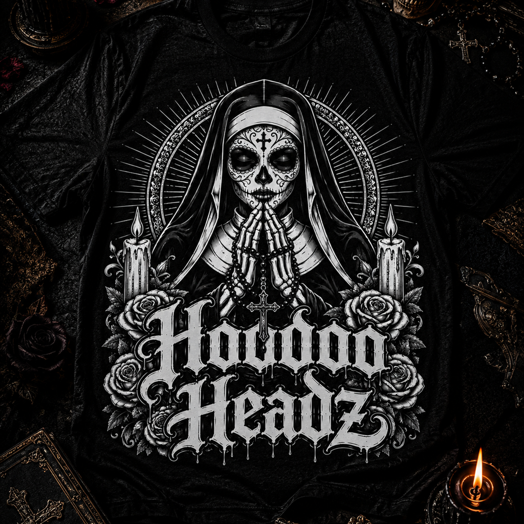Sacred Sugar Skull Nun Tee | Hoodoo Headz® Prayer & Roses Heavy Cotton T-Shirt