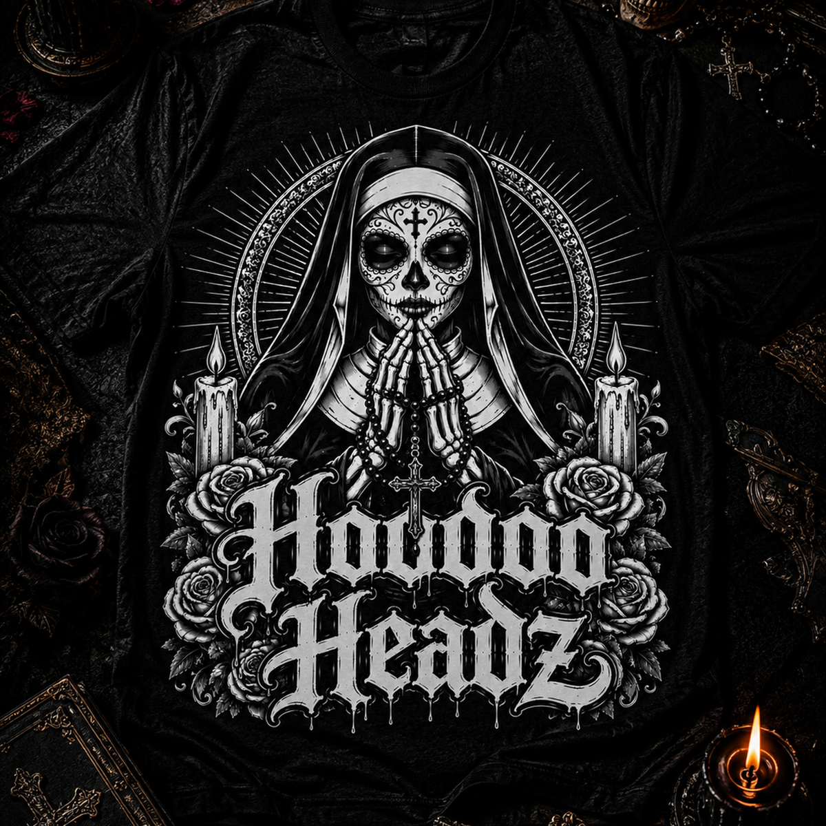 Sacred Sugar Skull Nun Tee | Hoodoo Headz® Prayer & Roses Heavy Cotton T-Shirt