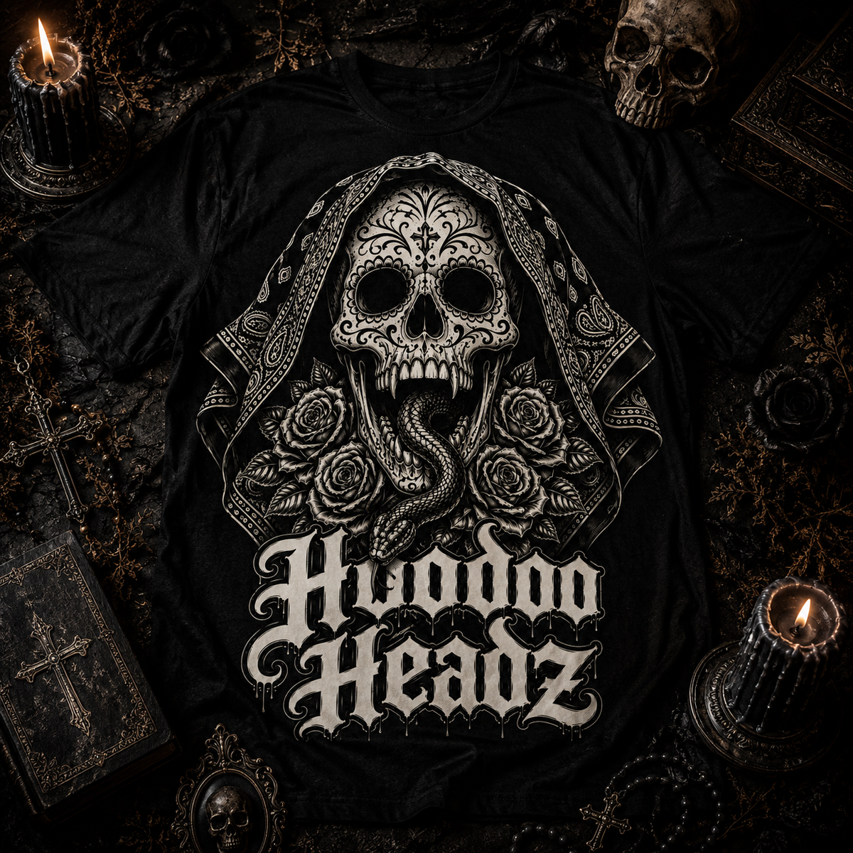 Skull & Roses Tee | Hoodoo Headz® Serpent Graphic Heavy Cotton T-Shirt