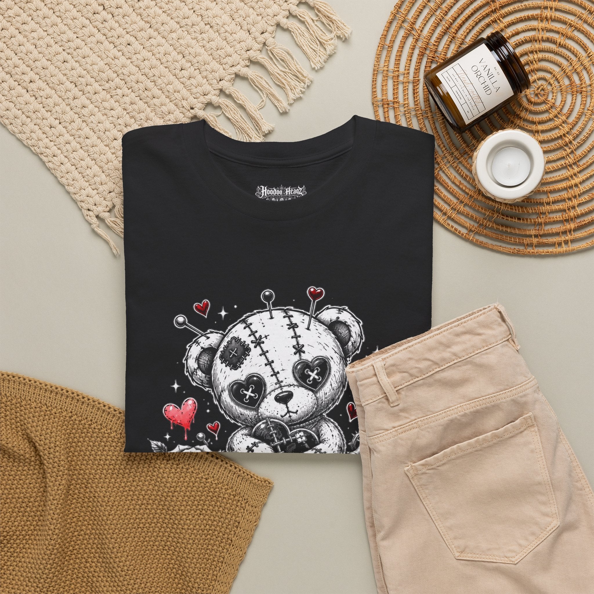 Voodoo Teddy Bear Tee | Hoodoo Headz® Stitched Heart Heavy Cotton T-Shirt