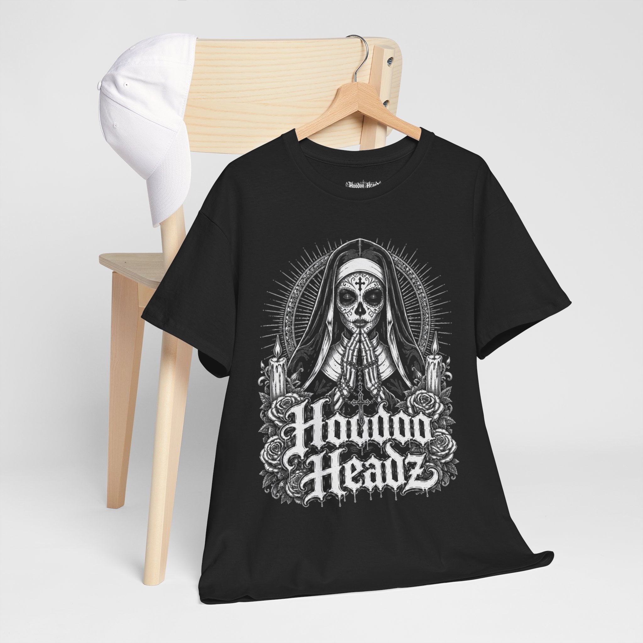 Sacred Sugar Skull Nun Tee | Hoodoo Headz® Prayer & Roses Heavy Cotton T-Shirt