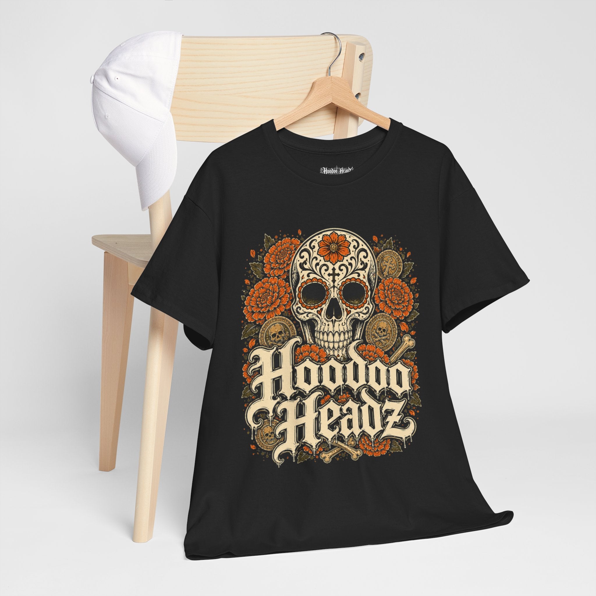 Sugar Skull & Marigolds Tee | Hoodoo Headz® Día de los Muertos Heavy Cotton T-Shirt